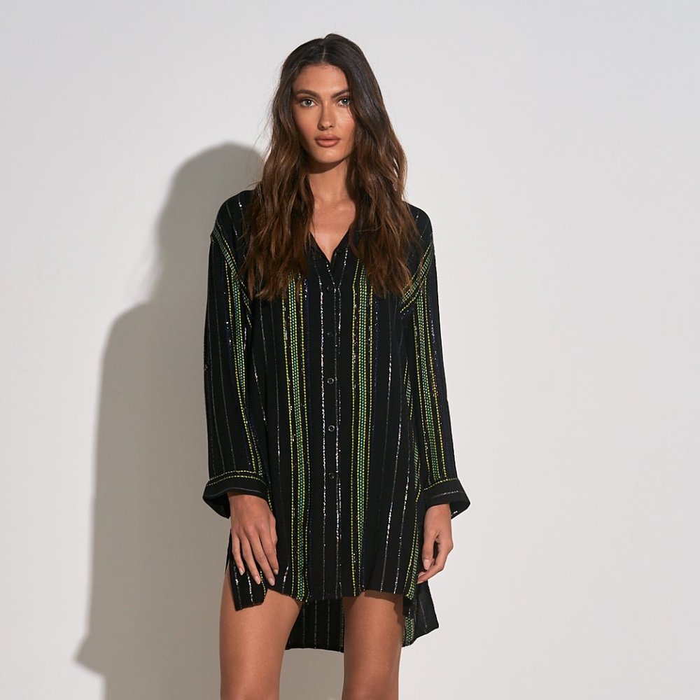 Elan Black button down with Green and Yellow Stripes
